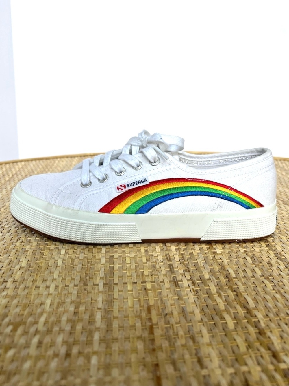 Superga 2750 Cotu Classic Rainbow Cotton laced embroider pride White Sneaker 7.5